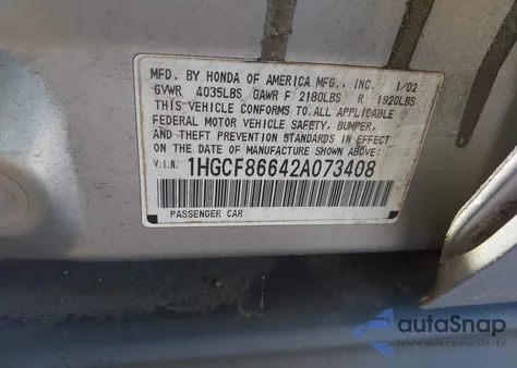 2002 Honda Accord 2.3 Vp from USA, damaged, VIN 1HGCF86642A073408